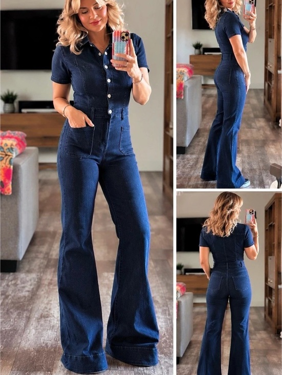 Pants - Dark Wash Denim Flare Jumpsuit Button Front Pockets – NWT
